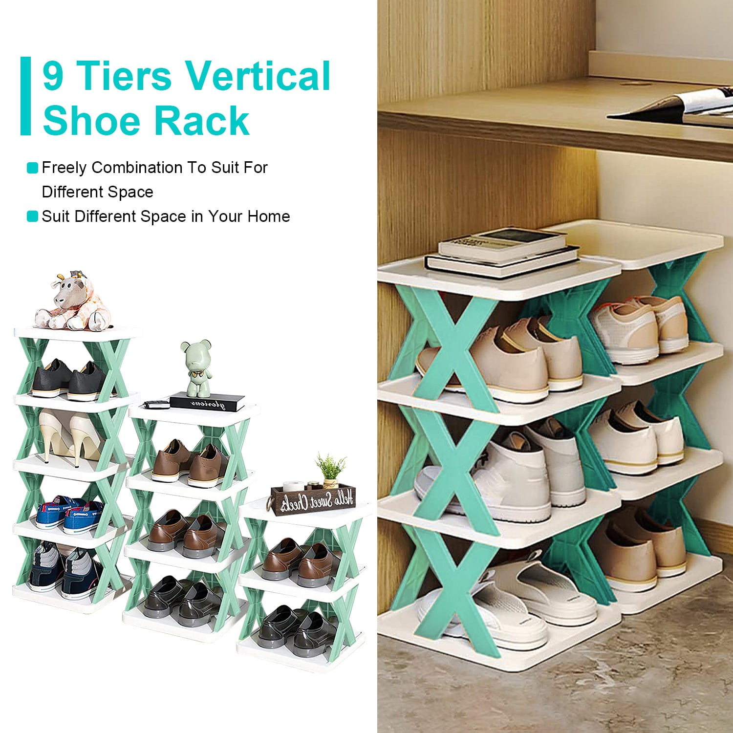 9-Tier Stackable Vertical Shoe Rack TeqHome DIY Narrow Free Standing Shoe Organizer Space Saving for Entryway and Bedroom Green