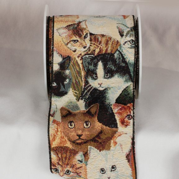 The Ribbon People Brown and Gray Cat Tapestry Wired Craft Ribbon 5" x 9 Yards