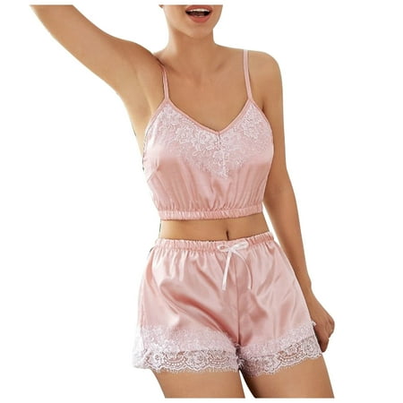 

JeashCHAT Babydoll Lingerie for Women Ladies Sexy Pajamas V-Neck Lashes Lace Satin Stitching Underwear Set