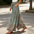 thumbnail image 5 of Watercolor Floral Wide Leg Pants for Women, High Waist Drawstring Palazzo Trousers - Boho Summer Flowy Beach Bottoms Army Green L, 5 of 7