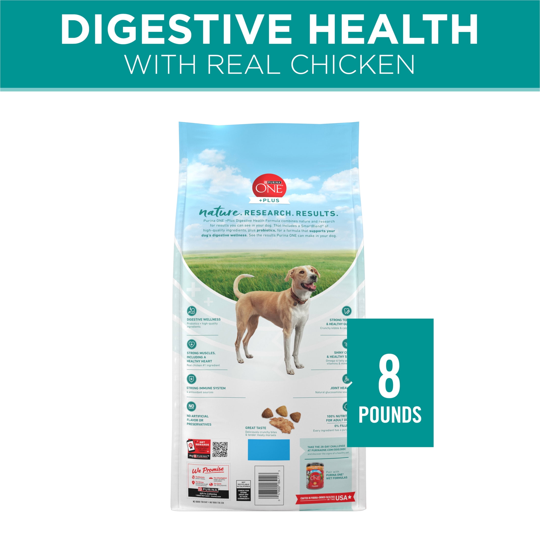 (4 pack) Purina One Plus Digestive Health Dry Dog Food with Added Vitamins, Minerals & Nutrients, Chicken, 8 lb Bag