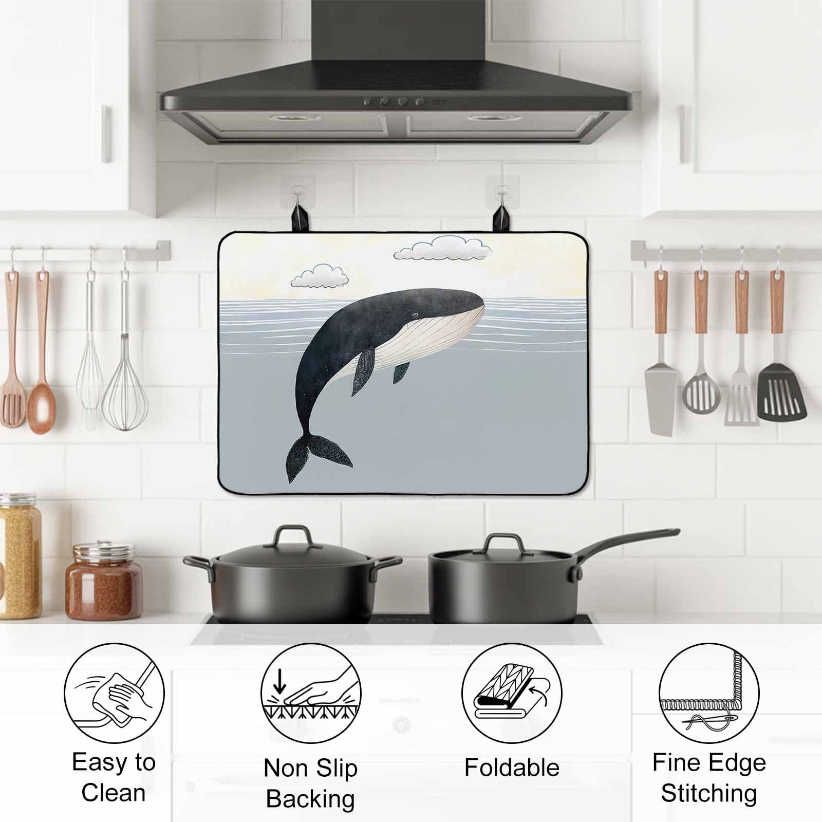 Whale Stove Top Cover for Electric Stove, Heat-proof & Non Slip Glass Top Stove Cover Protector, Ocean Coastal Fish Aqua Beach Orange Sky Kitchen Flat Cooktop Rubber Mat 24x21 Inches