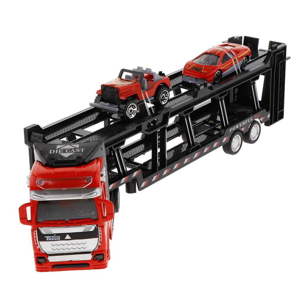 Carros de de juguete con camión transportador accionado por rojo