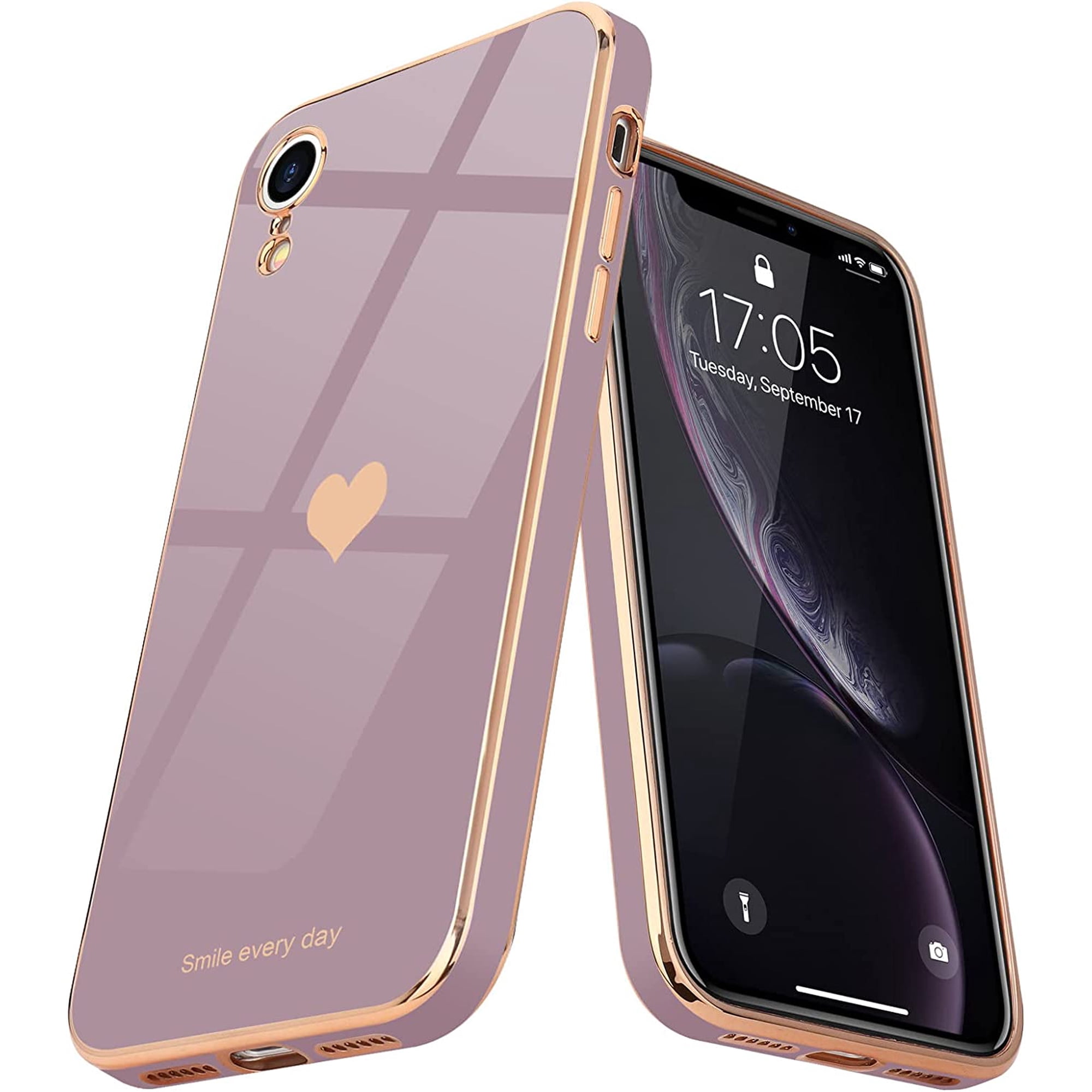 Compatible with iPhone Xr Case for Women Girl Cute Love-Heart Luxury Bling Plating Soft Back Cover Raised Full Camera Protection Bumper Silicone Shockproof Phone Case for iPhone Xr, Lavender