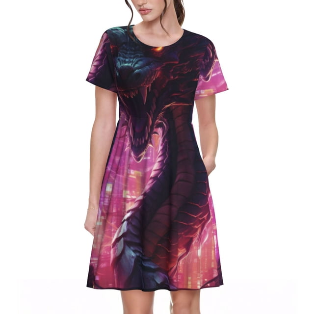 Balery Neon Futuristic Dragon Vestidos sueltos de manga corta para mujer, vestidos de verano 2025, vestidos casuales de corte A con vuelo.