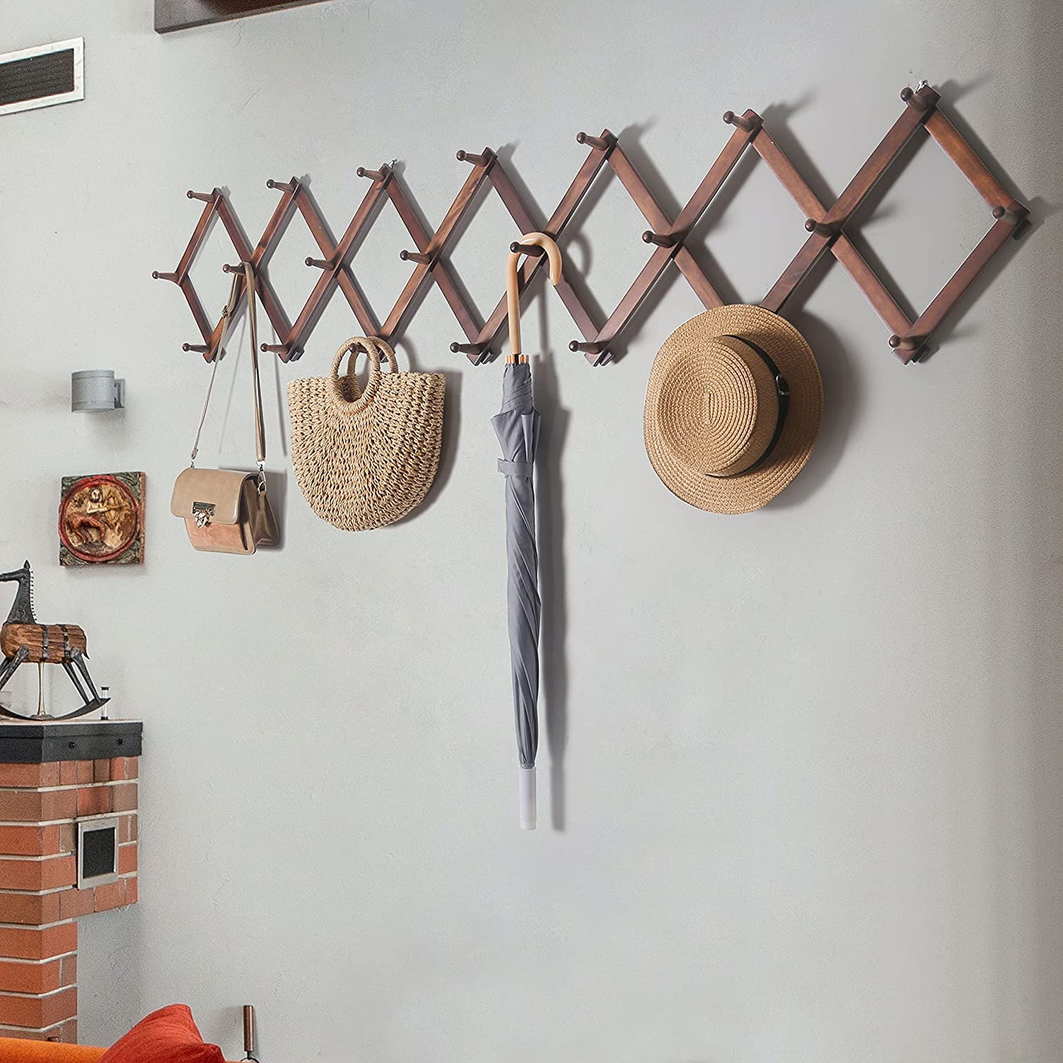 Dseap Accordion Wall Hanger,16” High Wooden Expandable Coat Rack, Hat Holder Hooks for Baseball