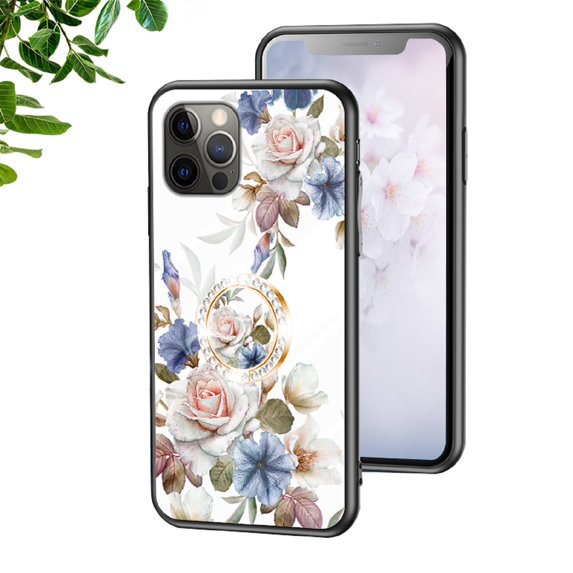 Case for iPhone 12 Pro, Slim Glass Case with Soft TPU Shockproof Ring Stand Flower Pattern Design Stylish Protective Cover for iPhone 12 Pro 6.1-Inch,White Flower Bush