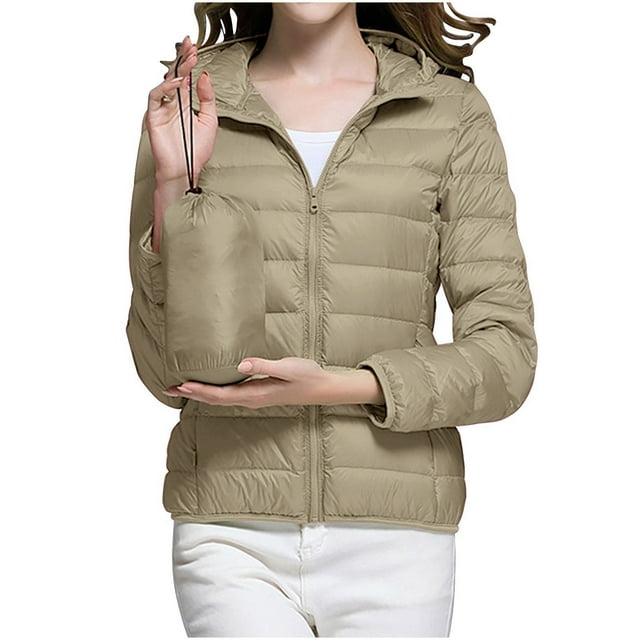 WRKEKC Lightweight Hooded Parka for Women, Solid Color Long Sleeve Full Zip Coat with Secure Pockets and Ribbed Cuffs, Transitional Season Layer Khaki 3XL