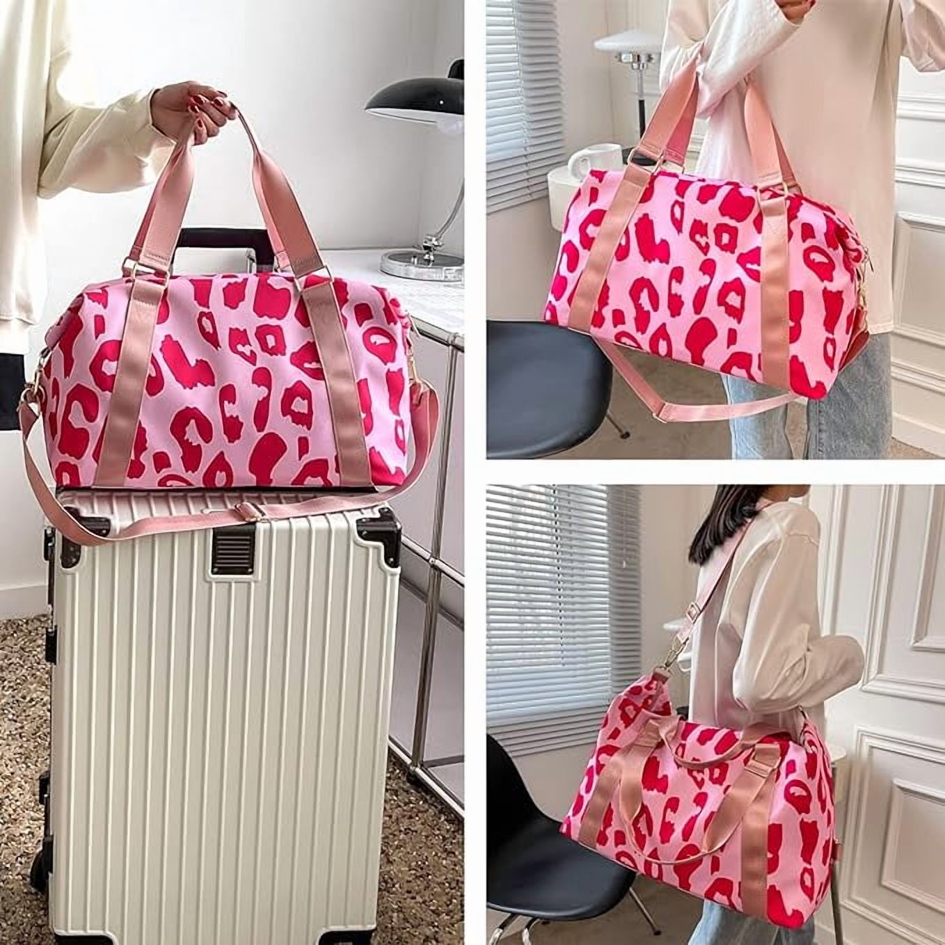 Cow Print Travel Duffle Bags for Womens, Pink Leopard Sports Tote Gym Bag,Carry on Overnight Workout Bag with Trolley Sleeve Wet Pocket Beach Yoga, Cow, Animal Sport Travel