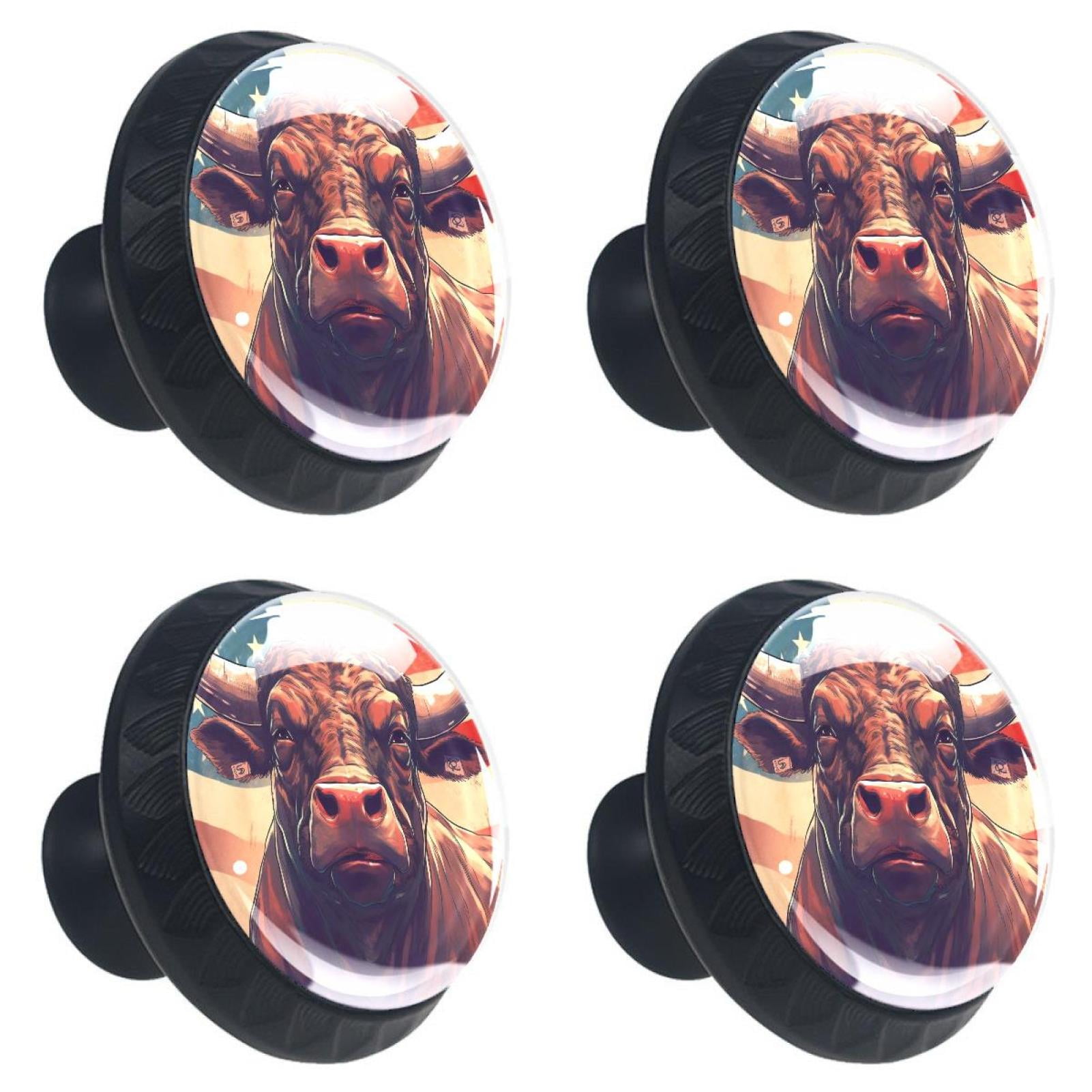 4 Pcs Cow American Flag Knobs for Kitchen Cabinet Cupboard Dresser Bookcase Drawer Pulls Handles Round Home Decor