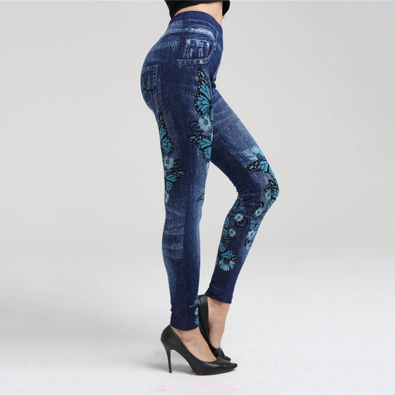 Women's Denim Print Fake Jeans Look Like Leggings Sexy Stretchy High Waist  Slim Skinny Jeggings Tights for Women