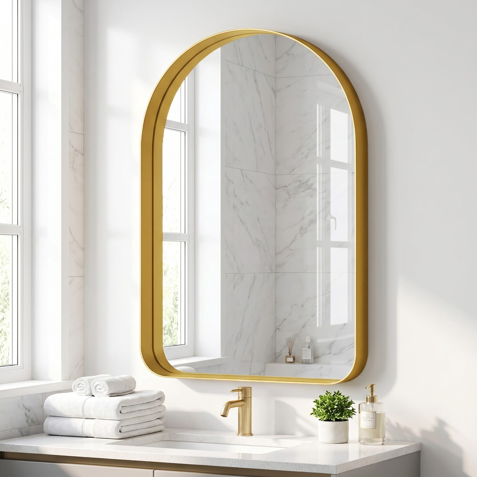 GRAHMCY 20"x30" Arched Bathroom Mirror Rounded Corner Vanity Wall Mirror with Deep Frame, Gold