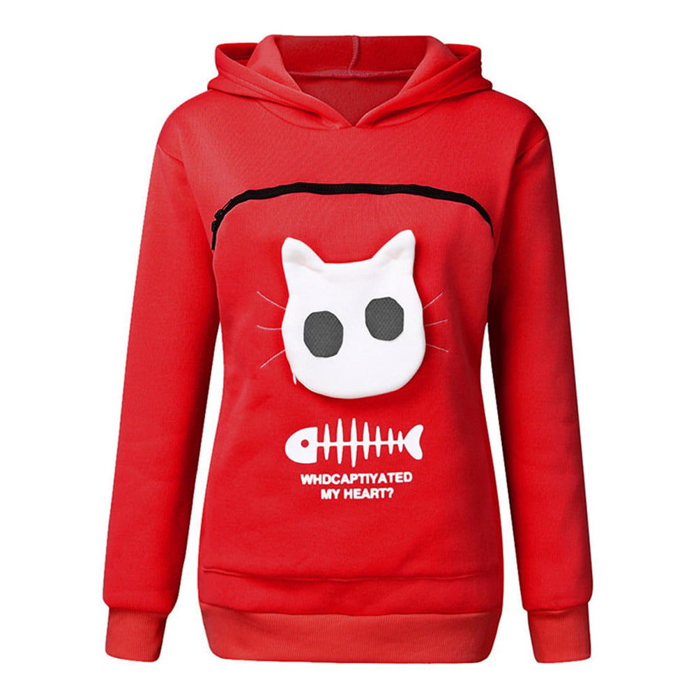 Cat in A Red Heart Womens Jacket Pullover Tops Pocket Hoodie Coats 