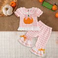 thumbnail image 2 of HCNTES Baby Girl Clothes Baby Toddler Girl Halloween Outfits 6 12 18 24 Month 2T 3T 4T Short Sleeve Round Neck Plaid Pumpkin Embroidered Tops and Flared Pants Clothes Set, 2 of 4