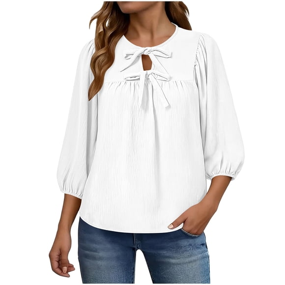 Ymauqau Babydoll Tops for Women Lantern 3/4 Sleeve Tie Neck Pleated Curved Hem T-Shirts Dressy Casual Tunic Blouses