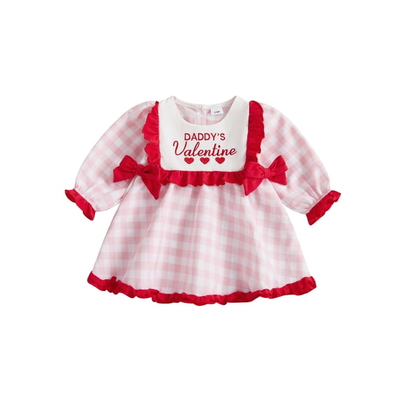 BemeyourBBs Toddler Girl Valentines Day Dress Baby Girl Dadd's Valentines Outfits Plaid Heart Letter Long Sleeve Crew Neck A-line Dresses with Bows Cute Spring Clothes