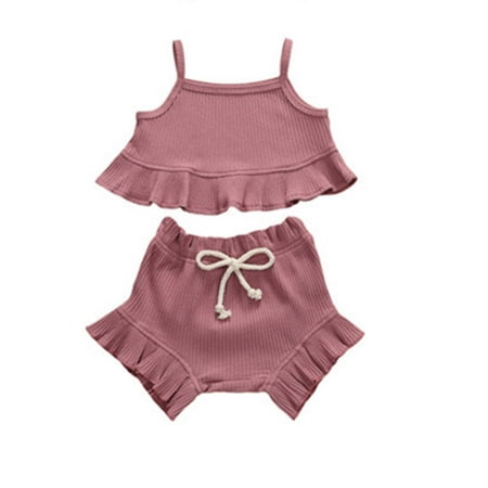 LNWUY Infant Kids Baby Girls Cute Solid Color Ruffle T-shirt Top+Drawstring Bottom Shorts Pants 2Pcs Outfits Set Purple 80