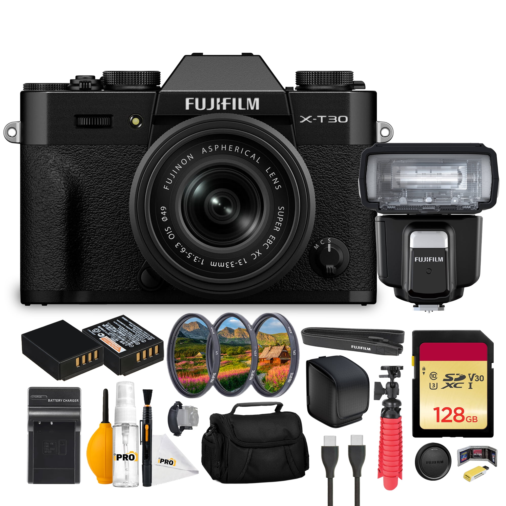 FUJIFILM X-T30 III Mirrorless Camera with 13-33mm f/3.5-6.3 Lens (Black) Bundle With FUJI EF-60 Shoe Mount Flash + Filter Kit UV/CPL/F 49mm + 128GB Memory Card + Flexible Vlogging Tripod + More