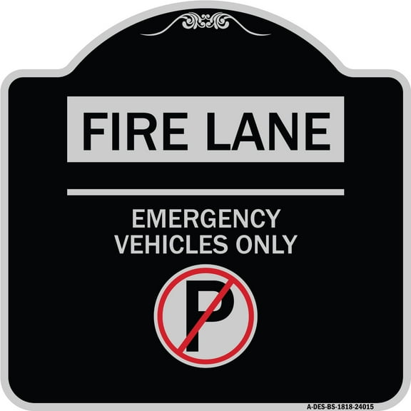 SignMission Designer Series Sign - Fire Lane - Emergency Vehicles Only (With No Parking Symbol | Black & Silver 18" X 18" Heavy-Gauge Aluminum Architectural Sign | Made in the USA