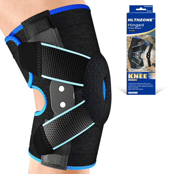 HLTHZONE Hinged Knee Brace with Side Stabilizers for Knee Pain – Adjustable Knee Support for Meniscus Tear, Arthritis & ACL, Fits 12"–23", Black/Blue