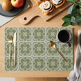 thumbnail image 2 of Sage Green Boho Placemats Set of 6, Farmhouse Chic Abstract Patterned Placemats for Dining Table, Place Mats for Kitchen Tabletop, Waterproof Wipeable Dining Table Mats Set, 2 of 9