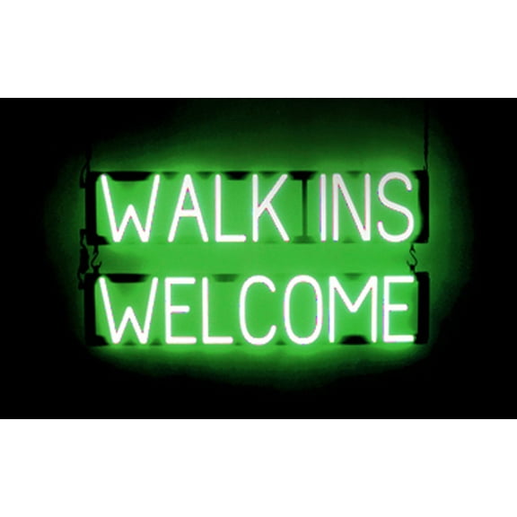 SpellBrite WALK INS WELCOME LED Sign for Business. 29.8" x 15.0" Green WALK INS WELCOME Sign Has Neon Sign Look With Energy Efficient LED Light Source. Visible from 500+ Feet, 8 Animation Settings.