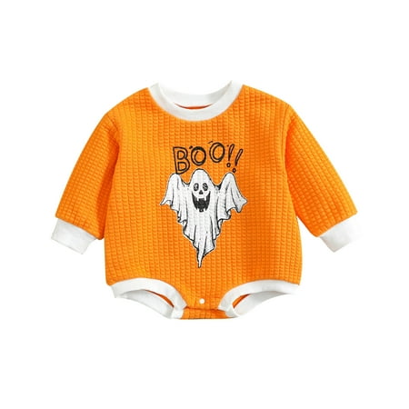 

FOCUSNORM Baby Girl Boy Long Sleeve Romper BOO Letter Ghost Print Patchwork Crew Neck Pullover Top Fall Clothes