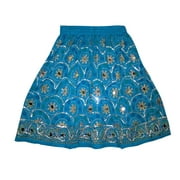 Mogul Women's Mini Skirt Blue Sequin Embroidered Rayon Summer Boho Style Skirts