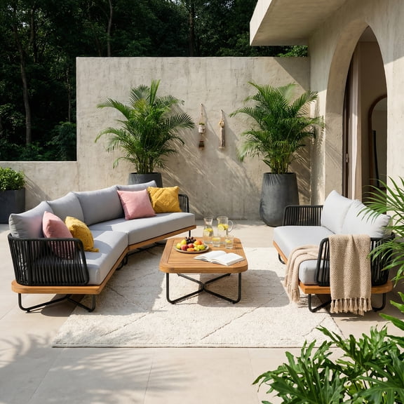 Christopher Knight Home 4-Piece Outdoor Conversation Sofa Set with Coffee Table, Black Rope, Light Gray Cushion