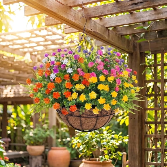 Scidweet Artificial Hanging Flowers with Basket, 12 Pcs Outdoors Fake Plants with Coconut Lining Basket Spring Summer Decoration for Home Garden Decor, Mixcolor