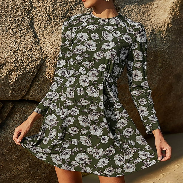 Womens Dresses Clearance Plus Size Women's Fresh And Clean Floral Dress  Round-Neck Trendy Long Sleeve Dress Army Green S DRS 