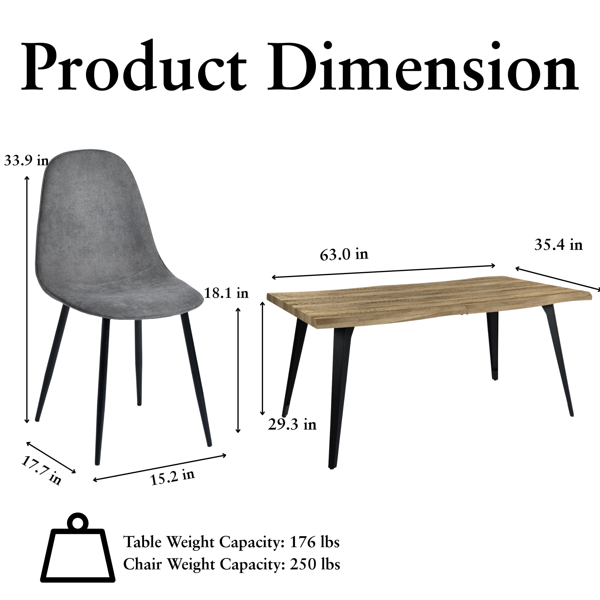 Ensemble de salle à manger Homy Casa style industriel moderne 5 pièces pour 4 personnes, table en faux bois imitation noyer avec bords naturels et 4 chaises sans accoudoirs