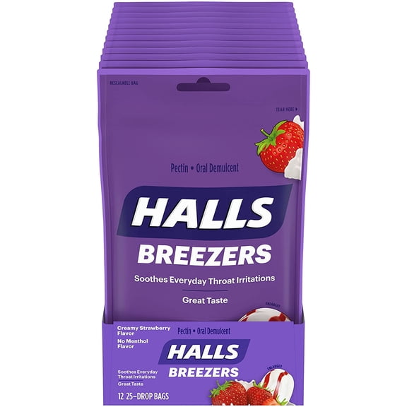 Halls Breezers Drops, Creamy Strawberry, 25 Ct (Pack of 12)