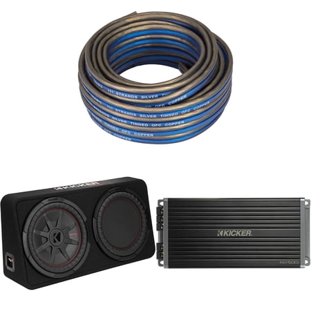 Kicker 48TCWRT122 CompRT 12" subwoofer in thin profile enclosure, 2ohm with 47KEY5001 Amp & Speaker Wire Bundle