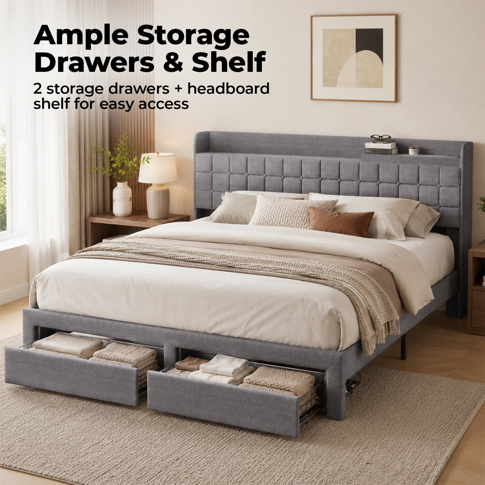 Alvantor Upholstered Bed Frame with 2 Storage Drawers and Fabric Headboard, Full Size, Heavy Duty Metal Platform, Easy Assembly