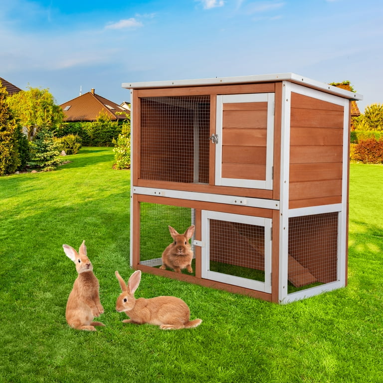 Clearance 2 Tier Wood Rabbit Hutch Outdoor Bunny Cage for Small Animals Wooden Enclosure for Multiple Pets Orange