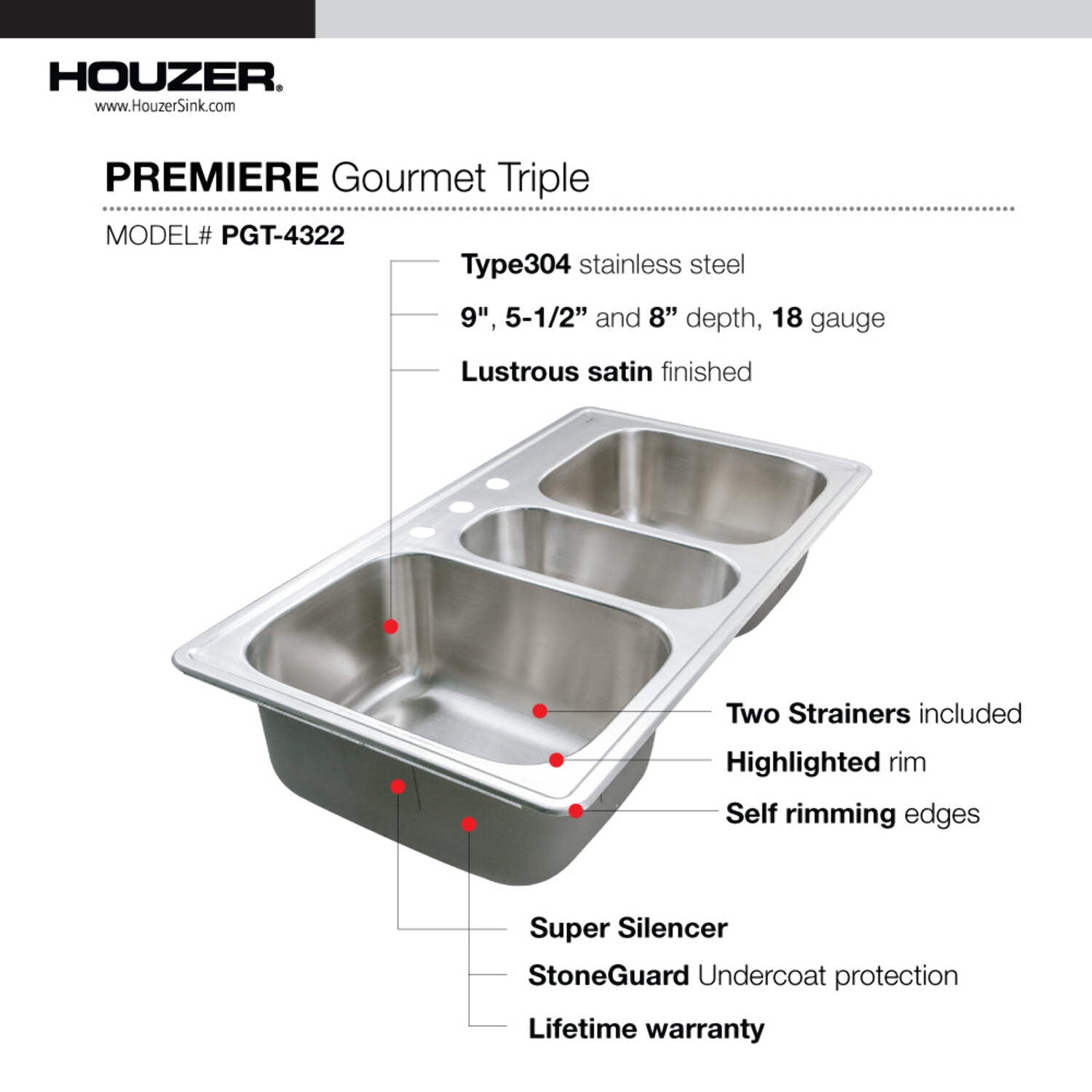 Houzer Premier 41 in Stainless Steel Topmount 4-hole Triple Bowl Kitchen Sink with Strainer - PGT-4322-1