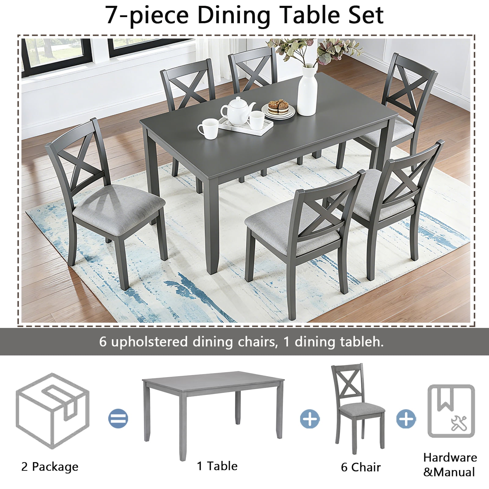 7 Piece Dining Set for 6, 58.5" Rectangular Dining Table with 6 Upholstered Chairs