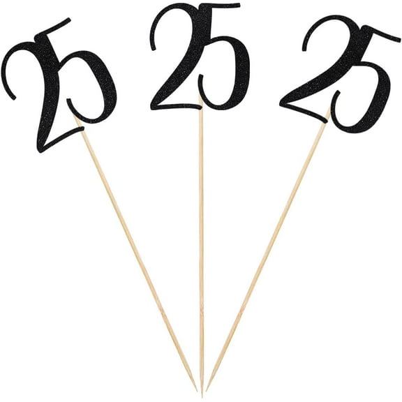 Black Glitter 25th Birthday Centerpiece Sticks, 12-Pack Number 25 Table Topper Anniversary Party Decorations