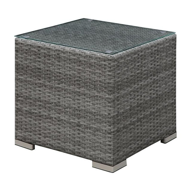 Bowery Hill Contemporary Rattan and Glass Top Outdoor End Table in Light Gray