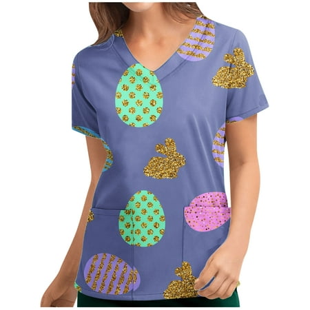 

Ecqkame Easter Nursing Scrub Tops for Women Easter Eggs Bunny Rabbit Printed Working Uniform Blouse T-shirt Casual Short Sleeve V-neck Blouse Tops With Pocket Navy XXL on Clearance