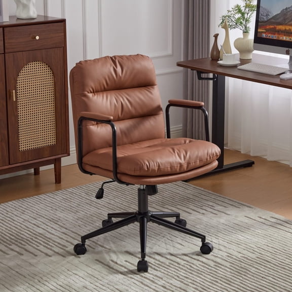 Brown Mid Back Ergonomic PU Leather Office Desk Task Chair - 40 ° Recline, Padded Armrests, Wheels & Swivel Rolling Computer Chair