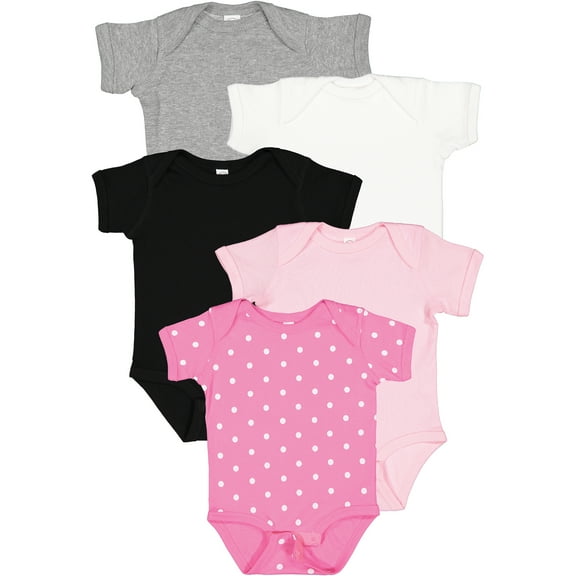 Rabbit Skins Baby Bodysuits, Girls & Boys, Newborn to 24 Months, 5-Pack Set, Snap Closure, Multi-color, Cotton , Flamingo: Heather/White/Black/Pink/Raspberry Dot, Newborn