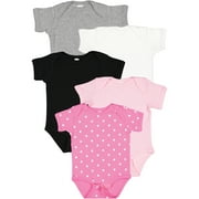 Rabbit Skins, Baby 5-Pack Soft Short- Sleeve Bodysuit , Flamingo: Heather/White/Black/Pink/Raspberry Dot, Newborn