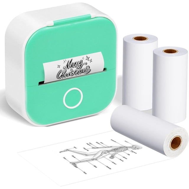 LAICAIW Bluetooth Thermal Mini Printer with 3 Rolls Thermal Paper-T02 Portable Mini Sticker Printer Machine for iPhone, Green Thermal Printer for Journal, Memo, Photo