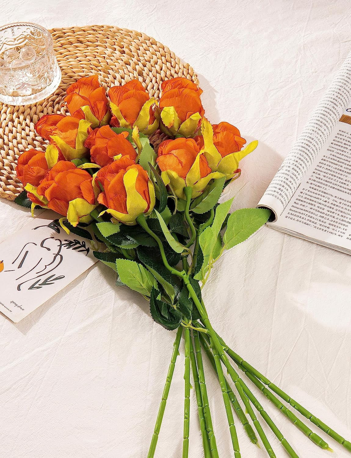 Artificial Silk Roses Fake Flowers Bouquet Long Stems for Wedding Home Party Decoration(Burnt Orange)