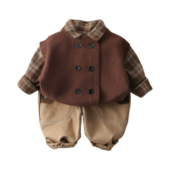 Long Sleeve Plaid Shirt Vest Set with Button Closure and Pants for Infant Boys Comfortable Outfit for Everyday Wear