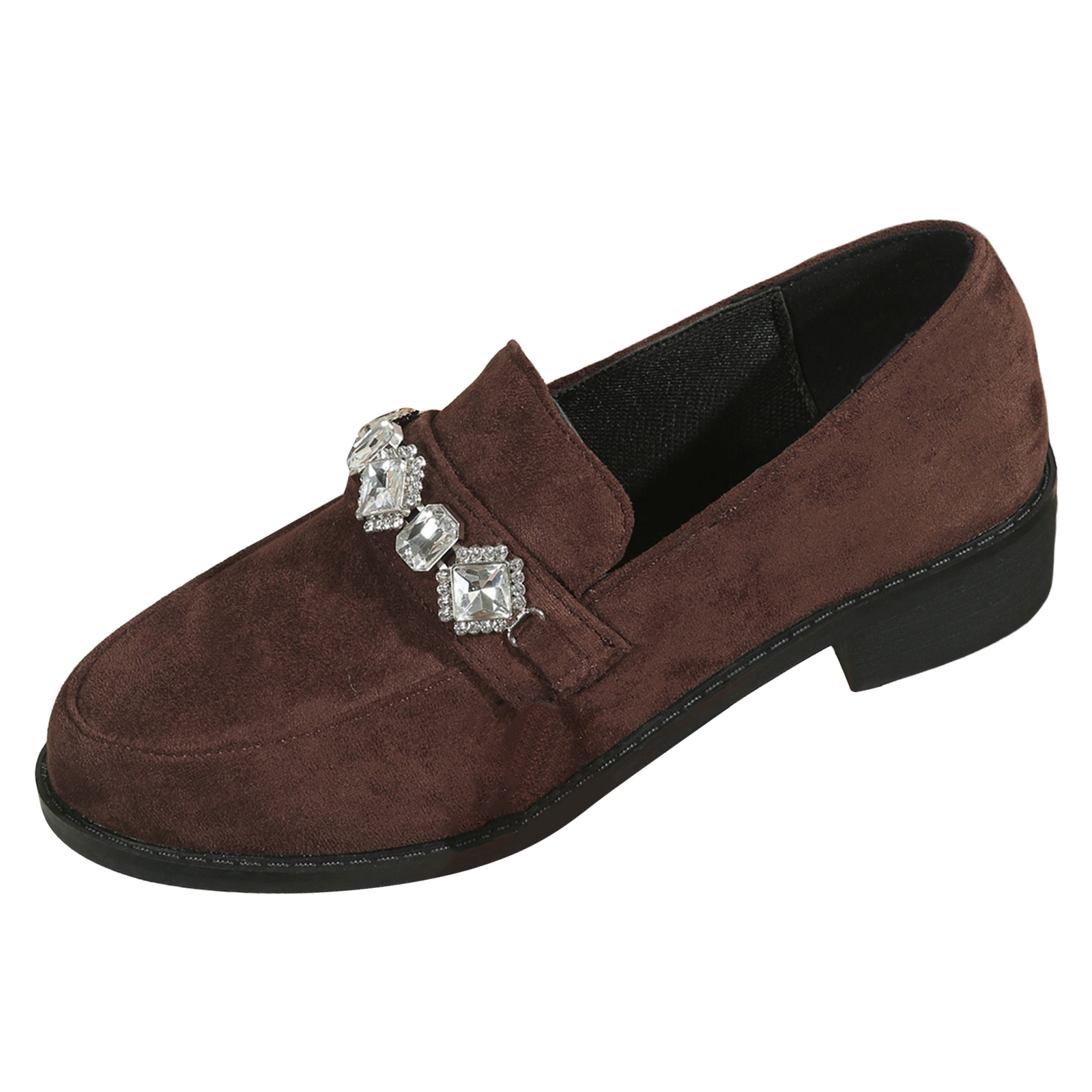 Suede Loafers for Women Comfortable Slip On Glitter Rhinestone Dress Shoes Block Low Heel Non Slip Fall Shoes Brown Size 7.5