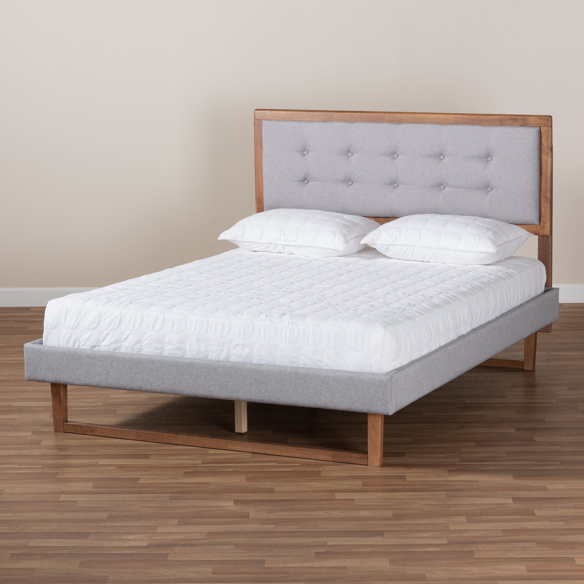 Baxton Studio Livinia Modern Transitional Light Grey Fabric Upholstered and Ash Walnut Brown Finished Wood Queen Size Platform Bed