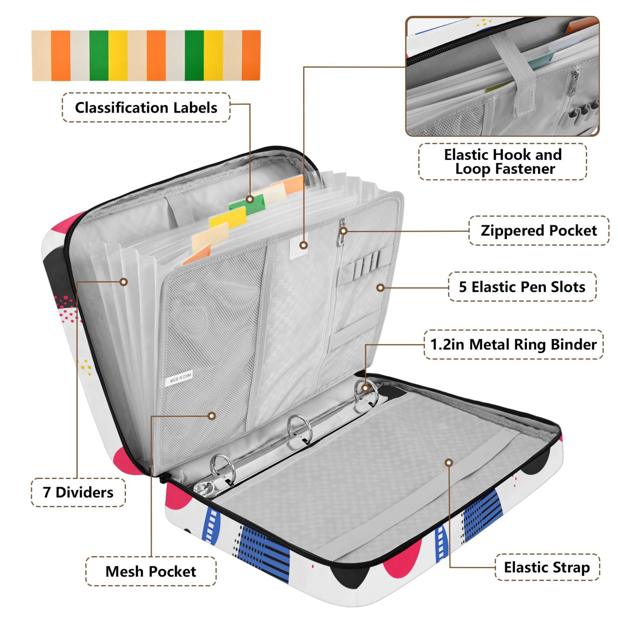 FORMRS Accordion File Folder A4 Size 7-Pocket Expanding Document Organizer Bag with 3 Ring Binder, Blue Retro Shapes